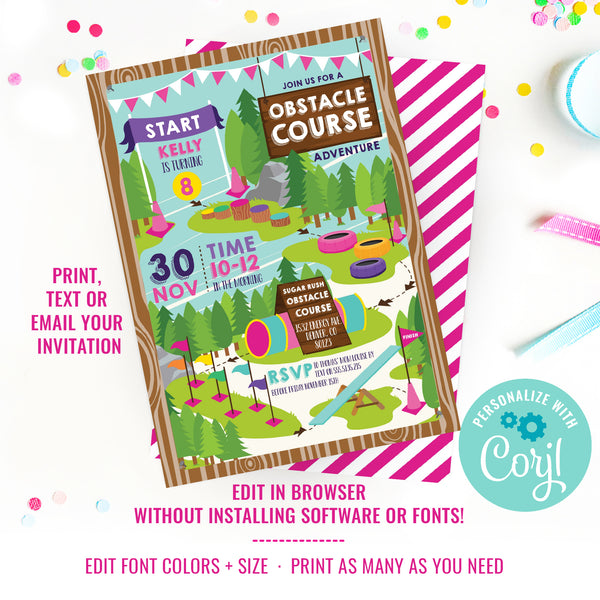 Obstacle Course Party Invitation For Girls | Outdoor Adventure Party ...