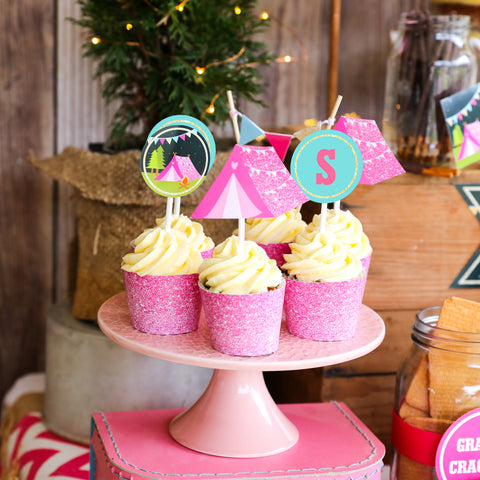 Pink Glamping Party Cupcake Toppers and Wrappers