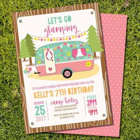 Glamping campervan girl's birthday party invitation