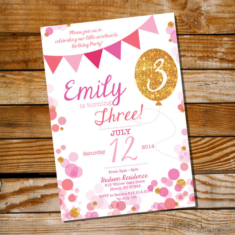 Pink and Gold Glitter Balloon Birthday Party Invitation