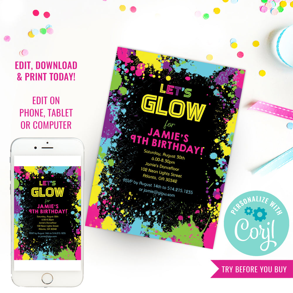 let-s-glow-neon-party-invitation-tween-party-invitation-sunshine-parties for Free Printable Neon Party Invitations Let's Glow Neon Party Invitation | Tween Party Invitation – Sunshine Parties for Free Printable Neon Party Invitations
