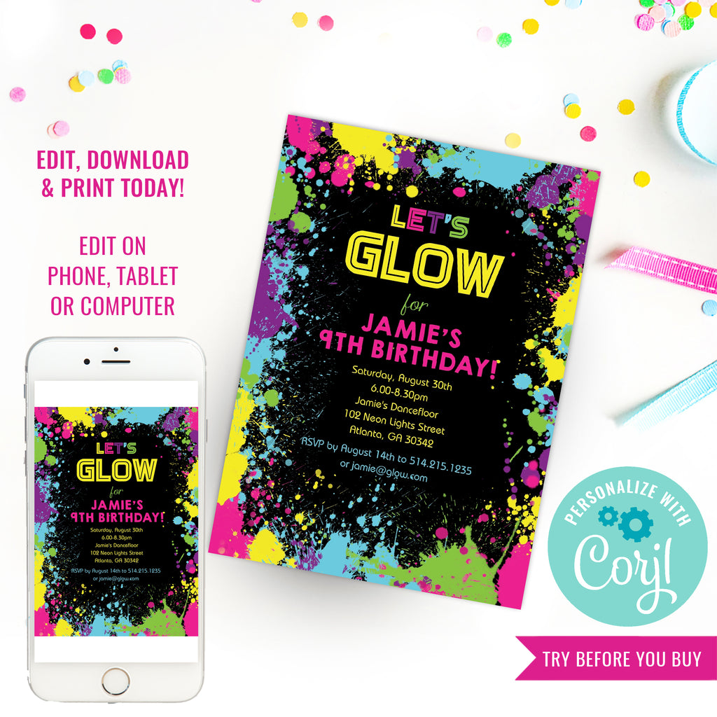 Let's Glow Neon Party Invitation | Tween Party Invitation
