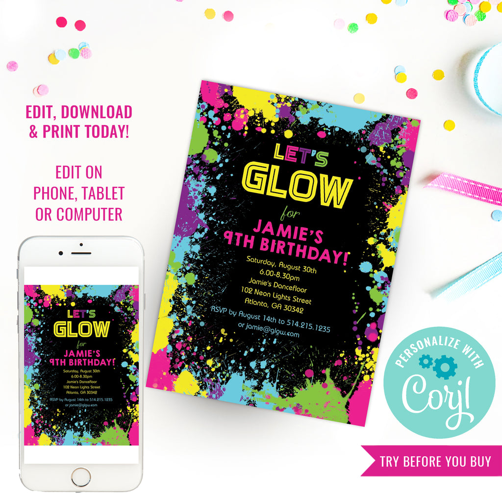 let-s-glow-neon-party-invitation-tween-party-invitation-sunshine-parties for Free Printable Glow In The Dark Birthday Party Invitations Let's Glow Neon Party Invitation | Tween Party Invitation – Sunshine Parties for Free Printable Glow In The Dark Birthday Party Invitations