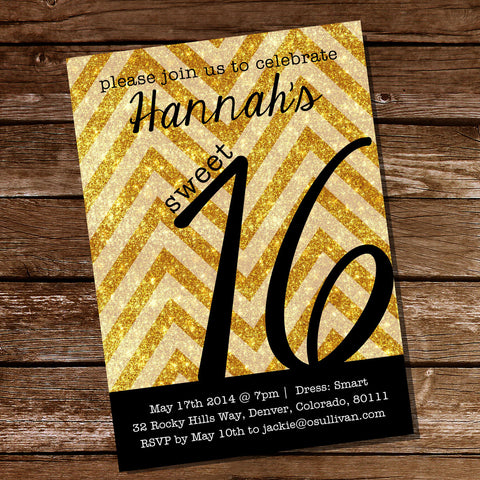 Sweet 16 Gold Glitter and Chevron Invitation | Black and Gold Invitation