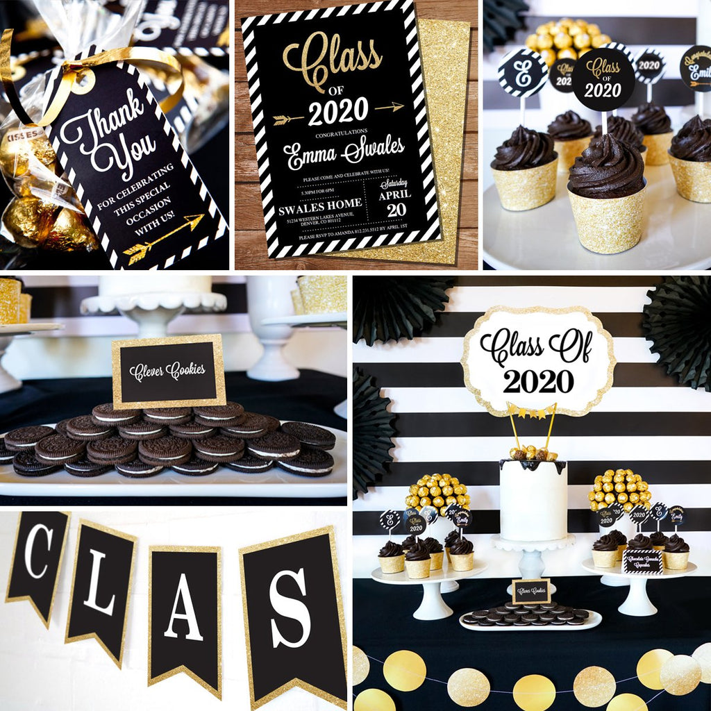 Black and Gold Graduation Party Decorations Set