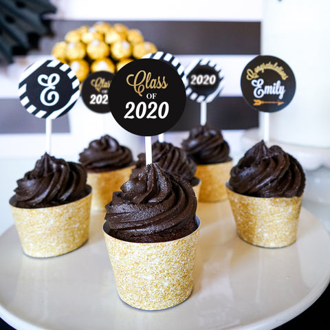 Graduation Cupcake Toppers and Wrappers - Black and Gold