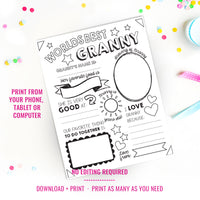 World's Best Granny Coloring-In Page | Personalized Granny's Day Gifts