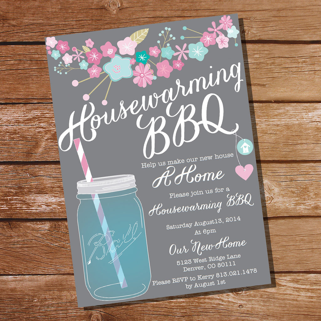 Gray Floral Housewarming BBQ Invitation