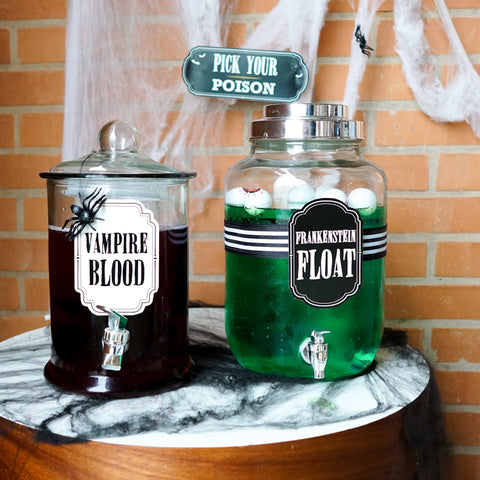 Haunted Halloween Party Drinks Labels - Vampire Blood & Frankenstein Float