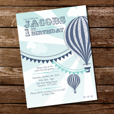 Hot Air Balloon Birthday Party Invitation For A Boy