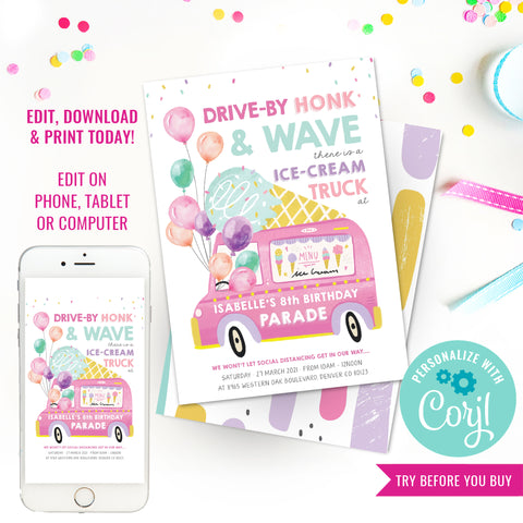Ice Cream Truck Birthday Parade Invitation