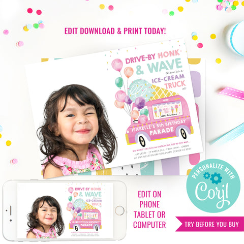 Ice Cream Truck Birthday Parade Photo Invitation