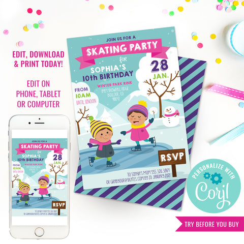 Ice Skating Party Invitation for Girls