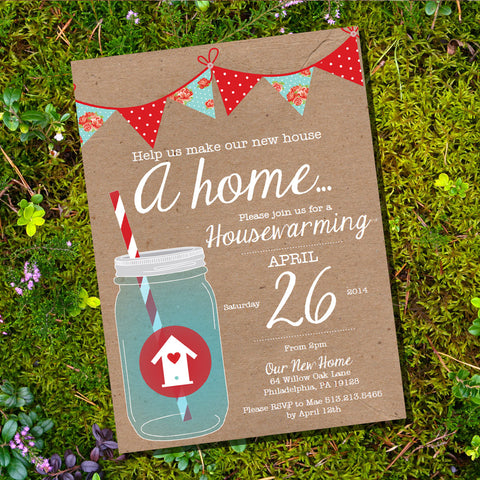 Shabby Chic Red and Blue Housewarming Invitation