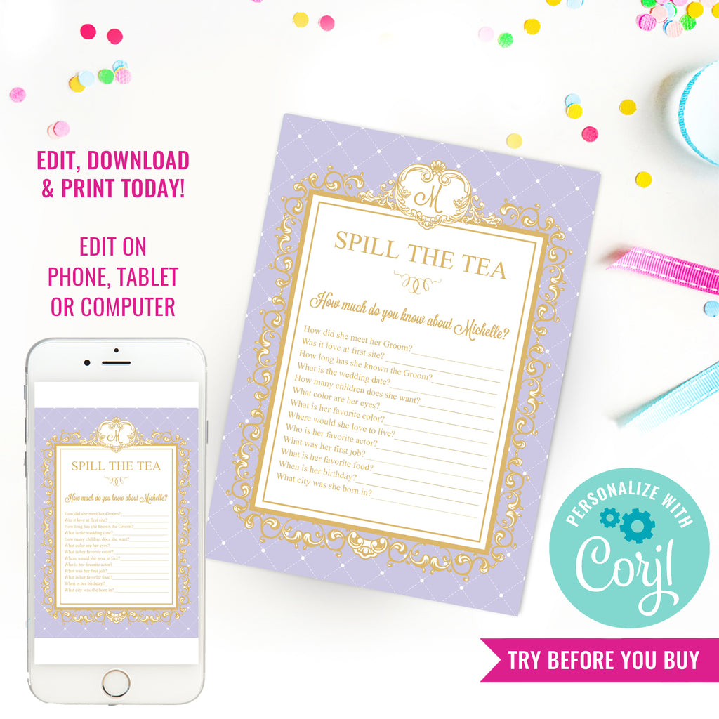 High Tea Party Game | Spill The Tea Lilac Bridal Shower Game