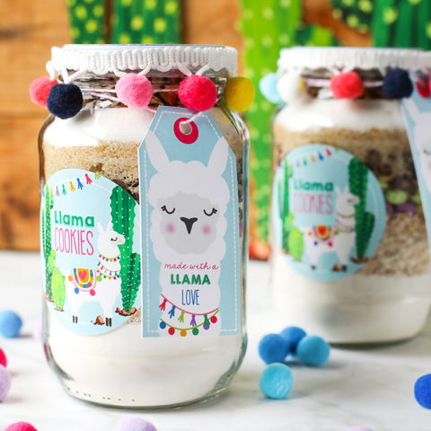 Llama Cookies in a Jar tags, labels, and recipe