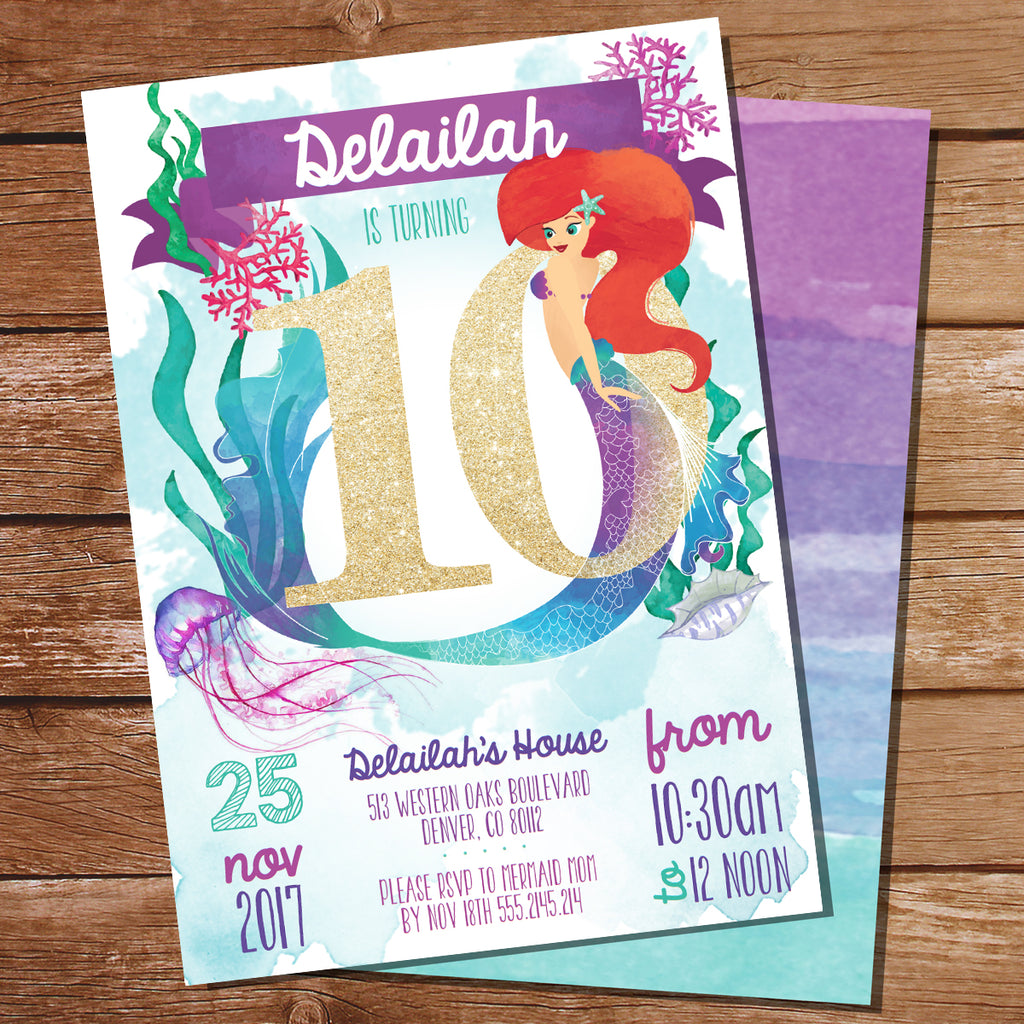 Mermaid Watercolor Invitation Gold Glitter 10 Years Old