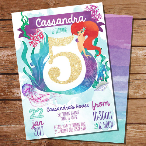 Watercolor Mermaid Birthday Party Invitation for a Girl 5th Birthday | Under The Sea Party Invite