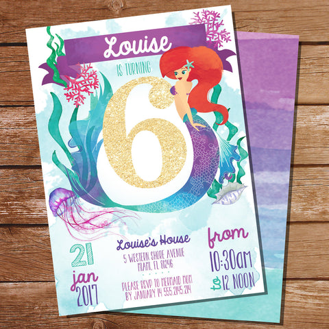 Watercolor Mermaid Birthday Party Invitation for a Girl 6th Birthday | Under The Sea Party Invite