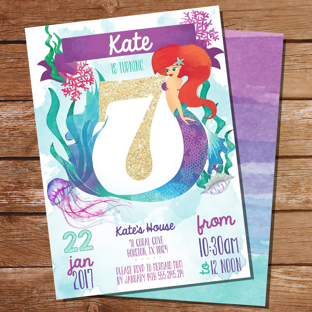 Printed Fill In Blank Glitter Mermaid Baby Shower Invitations