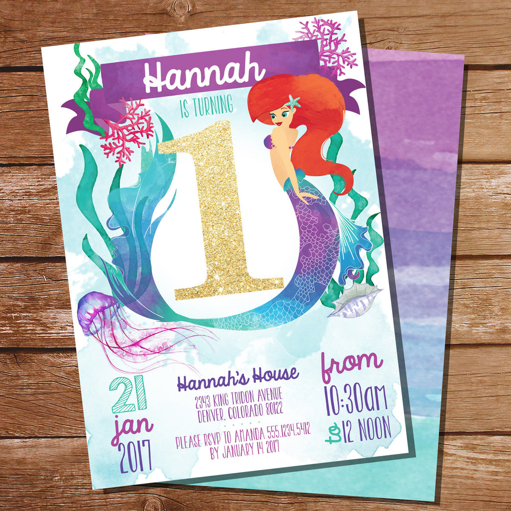 Watercolor Mermaid Birthday Party Invitation for 1st Birthday Party