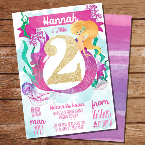 Mermaid 2nd Birthday Party Invitation