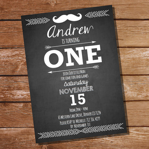 Chalkboard Tribal Mustache Birthday Party Invitation