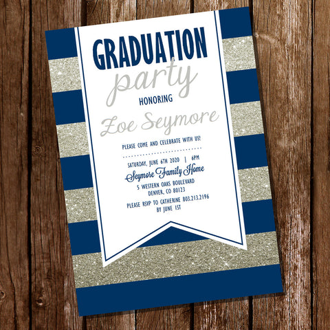 Navy Blue and Silver Graduation Invitation