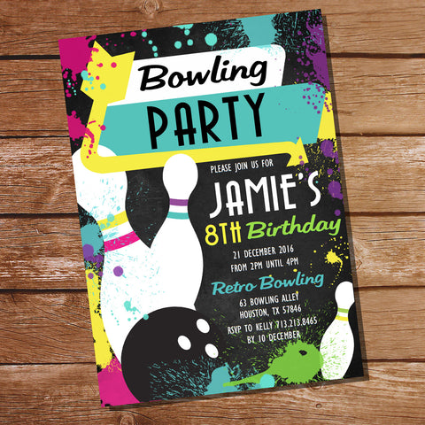 Neon Bowling Party Invitation | Retro Tenpin Birthday Party