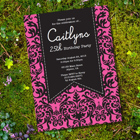 Pink And Black Damask Invitation