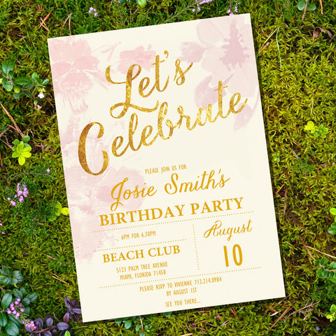 Pink Watercolor Birthday Party Invitation | Pink and Gold Birthday Invite