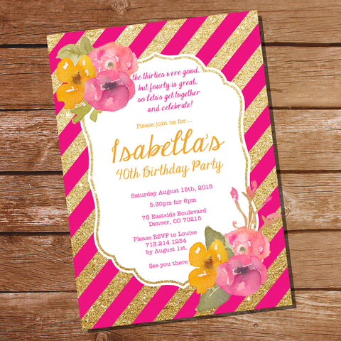 Pink and Gold Floral Watercolor Birthday Invitation Template