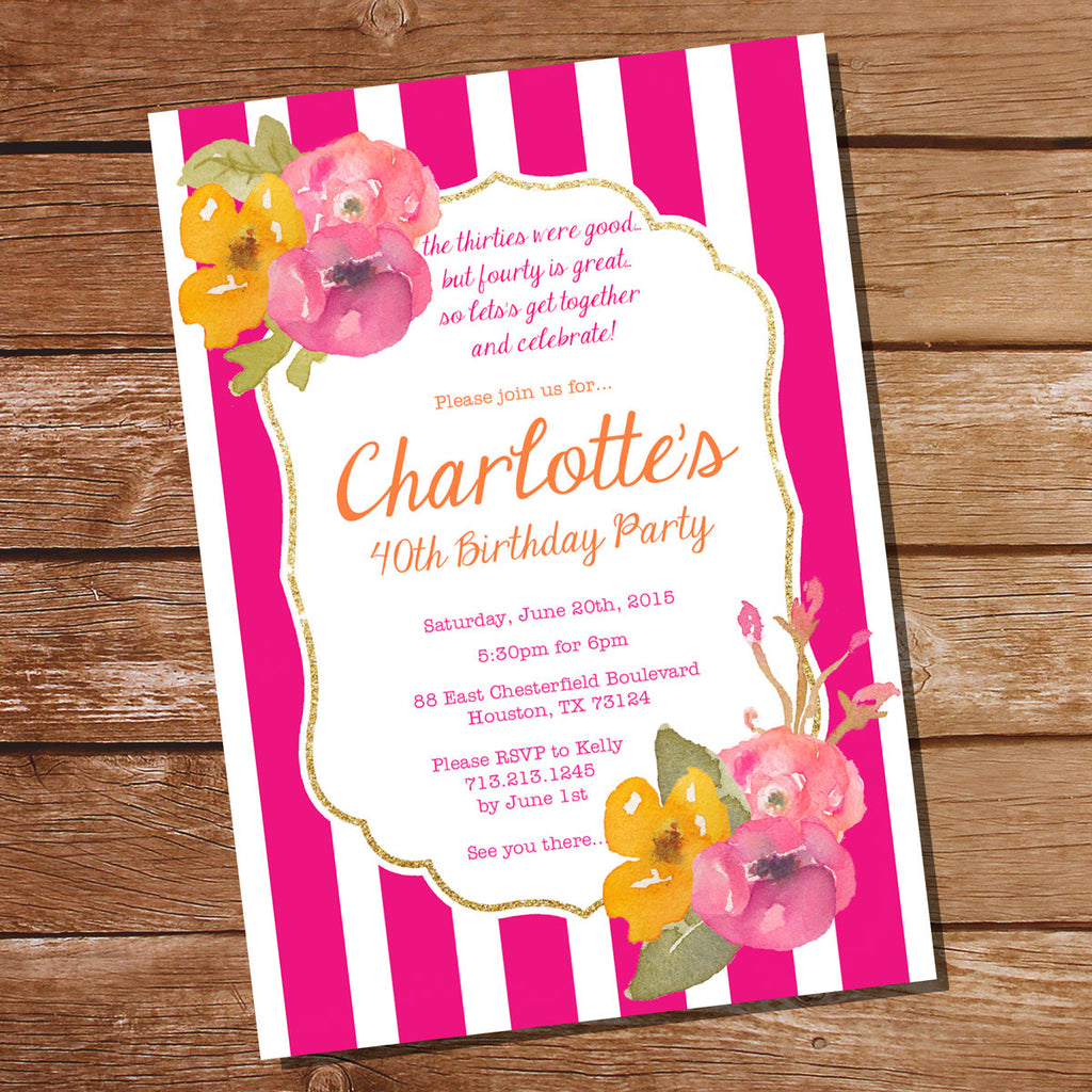 Pink and Gold Floral Watercolor Birthday Invitation