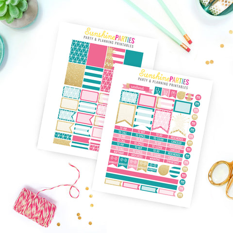 Pink, Turquoise & Gold Planner Stickers