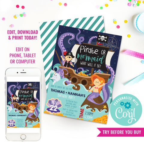 Mermaid and Pirate Party Invitation