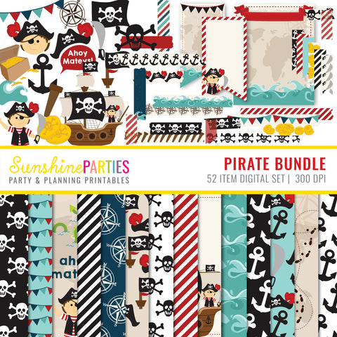 Boys Pirate Digital Paper Set | Digital Paper Bundle, Tags, Washi Tape, Clipart