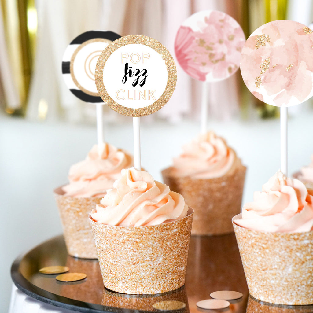 Champagne Party Black White Cupcake Wrappers and Toppers