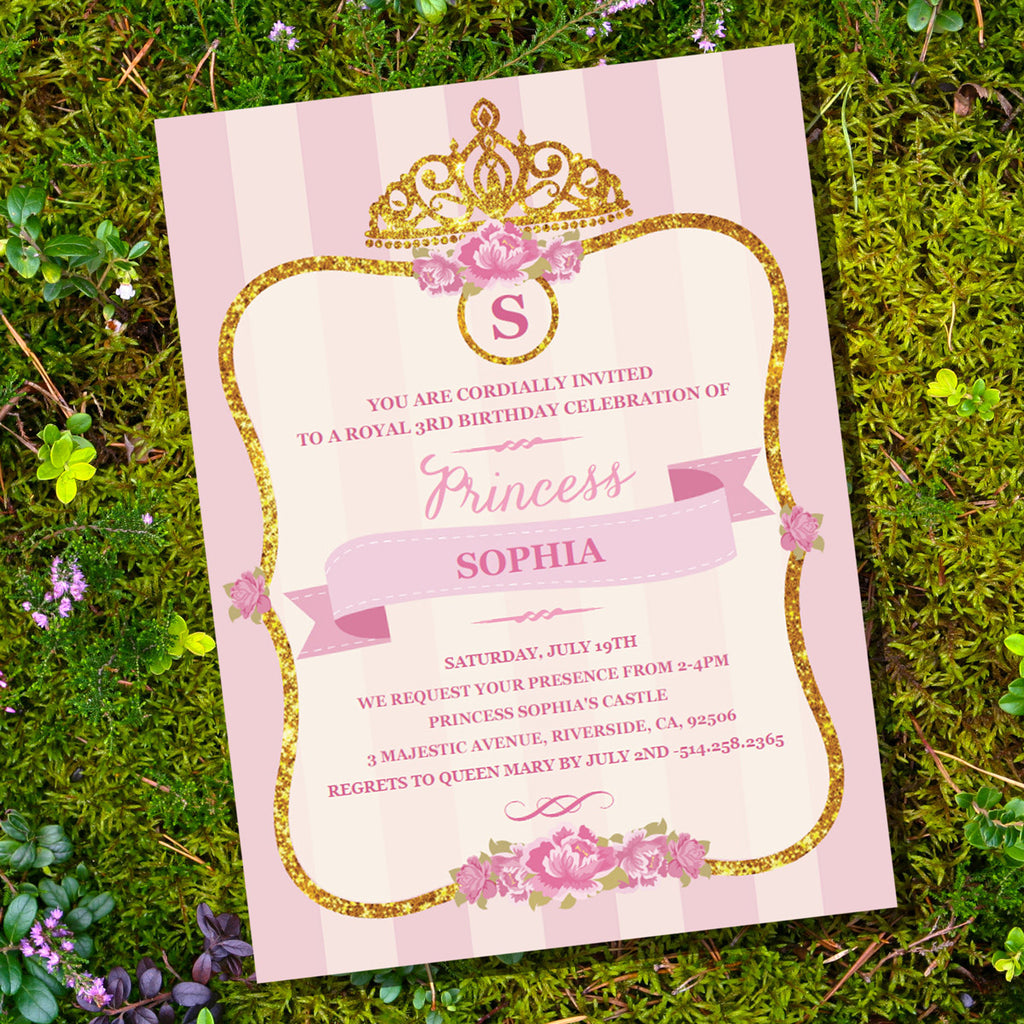 Pink and Gold Glitter Princess Birthday Party Invitation