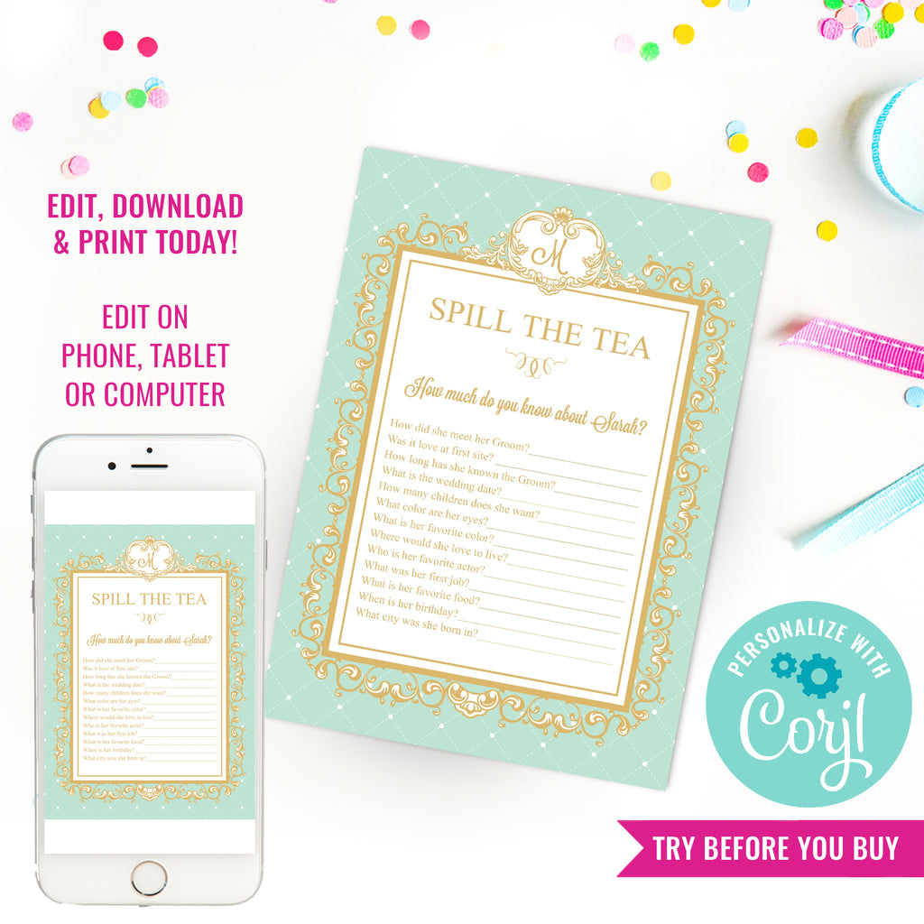 Spill The Tea Bridal Shower Game