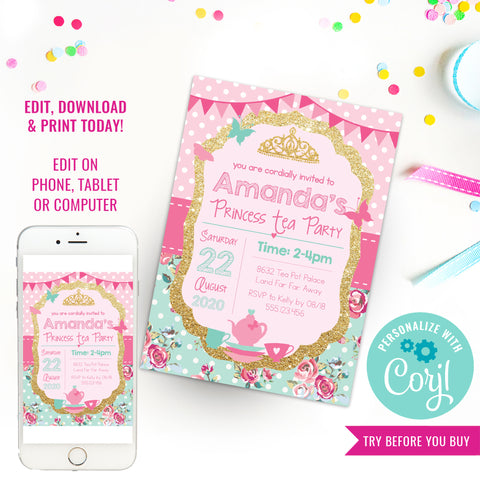 Princess Tea Party Birthday Party Invitation