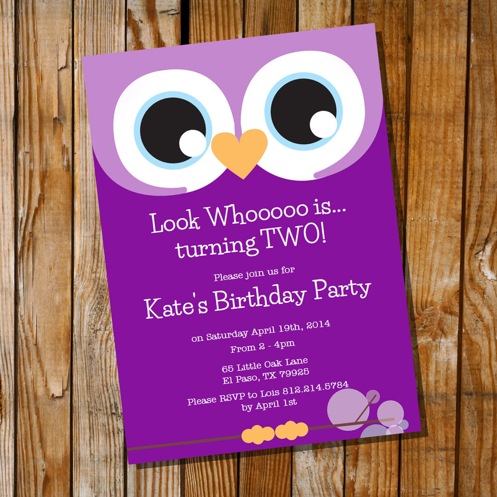Purple Owl Birthday Party Invitation For A Girl