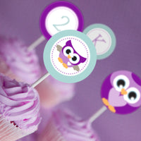 Purple Owl Birthday Party Cupcake Toppers