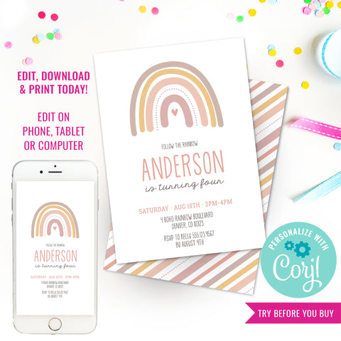 Boho Pink Rainbow Party Invitation