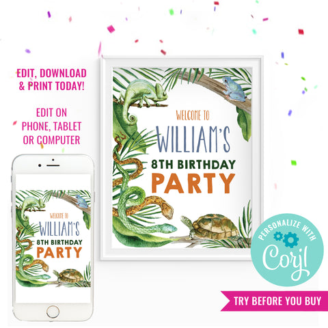 Reptile Party Birthday Welcome Sign