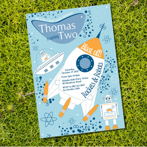 Retro Rockets and Robots Birthday Party Invitations | Space Invitation
