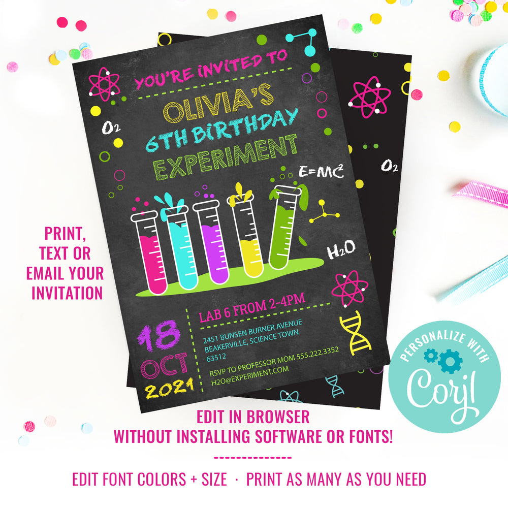 Girl's Science Experiment laboratory Party Invitation | Mad Scientist ...
