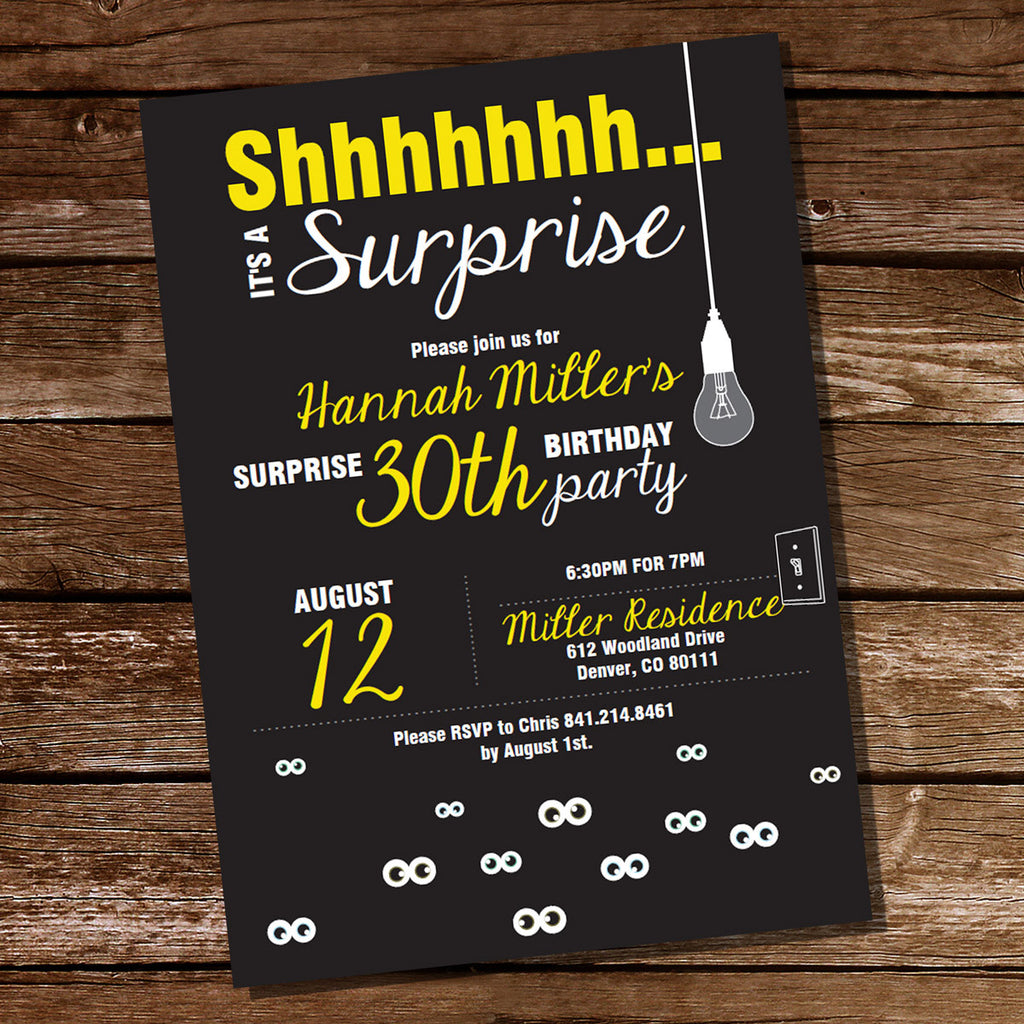 Shhhhh It's A Surprise Party Birthday Invitation | Black and Yellow