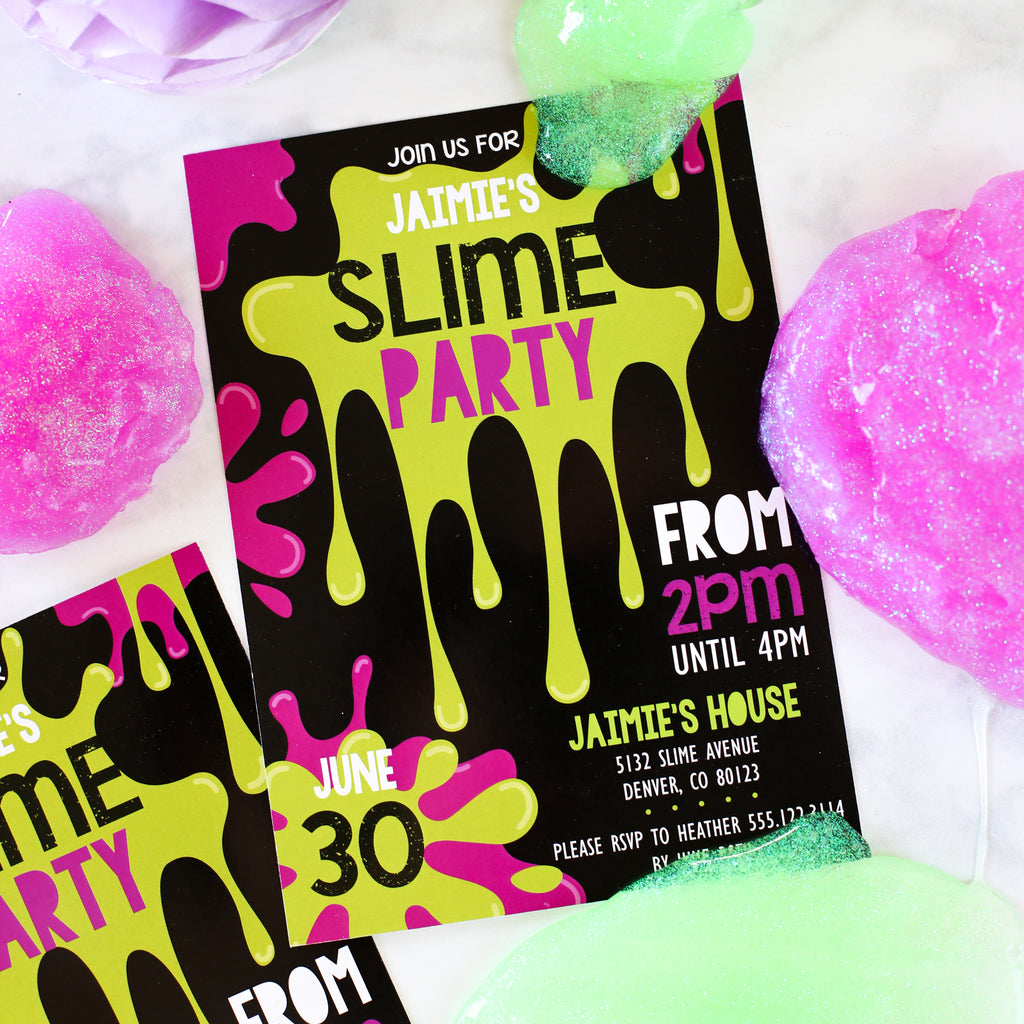 Editable Slime Party Invitation - black background with lime green and bright purple splashes.