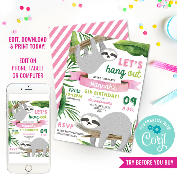 Sloth Party Invitation | Sloth Invitation – Sunshine Parties