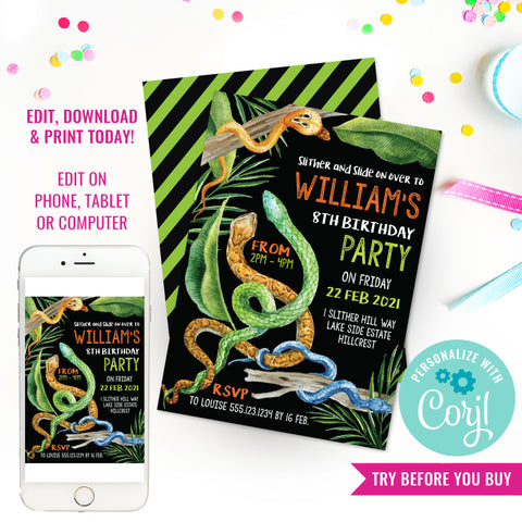 Snake Reptile Party Invitation